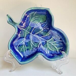 Dryden Pottery Hot Springs Arkansas ceramic leaf dish in vibrant blue and green